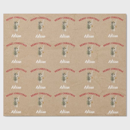 ヴィンテージクリスマスエンジェル&ツリー名前をカスタムするクラフト ラッピングペーパー (フラット)