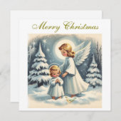 ヴィンテージクリスマスエンジェル、子供と鳥 シーズンカード (正面/裏面)