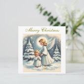 ヴィンテージクリスマスエンジェル、子供と鳥 シーズンカード (スタンド正面)