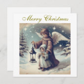 ヴィンテージクリスマスエンジェル、子供と鳥 シーズンカード (正面/裏面)