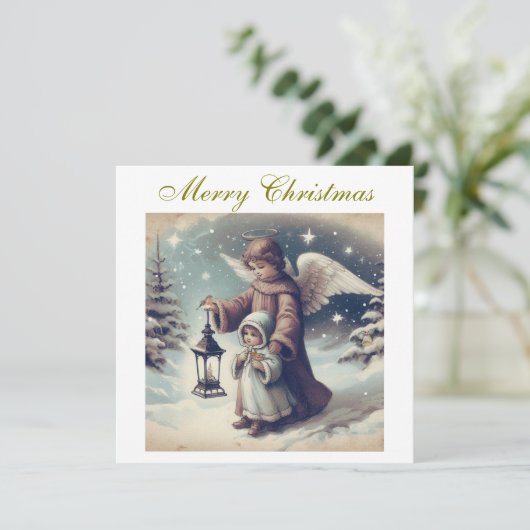 ヴィンテージクリスマスエンジェル、子供と鳥 シーズンカード (スタンド正面)