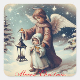 ヴィンテージクリスマスエンジェル、子供と鳥 スクエアシール