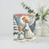 ヴィンテージクリスマスエンジェル、子供と鳥 ポストカード (スタンド正面)