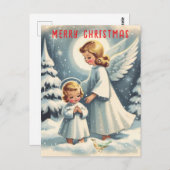 ヴィンテージクリスマスエンジェル、子供と鳥 ポストカード (正面/裏面)