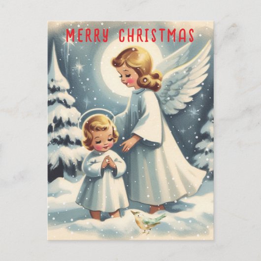 ヴィンテージクリスマスエンジェル、子供と鳥 ポストカード (正面)