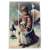 ヴィンテージクリスマスエンジェル、子供と鳥 ミディアムペーパーバッグ (裏面)