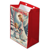 ヴィンテージクリスマスエンジェル，子供，鳥の包装紙 ミディアムペーパーバッグ (正面アングル)