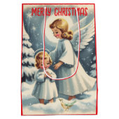 ヴィンテージクリスマスエンジェル，子供，鳥の包装紙 ミディアムペーパーバッグ (裏面)