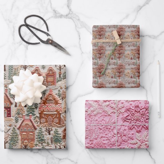 ヴィンテージクリスマスエンボス村 ラッピングペーパーシート (正面)