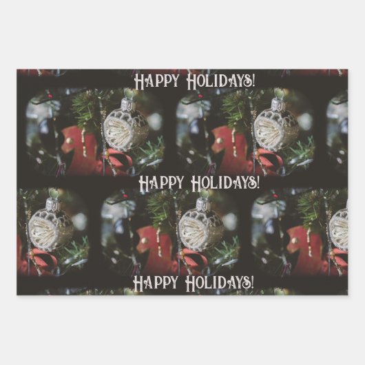 ヴィンテージクリスマスオーナメントとクリスマスツリー ラッピングペーパーシート (正面2)