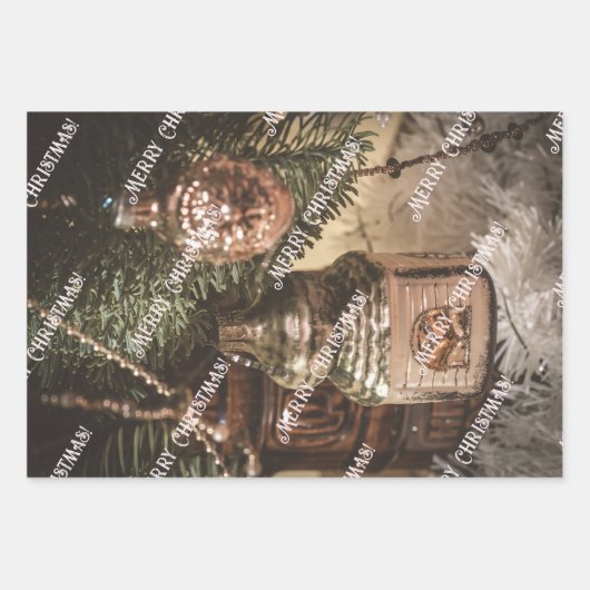 ヴィンテージクリスマスオーナメントとクリスマスツリー ラッピングペーパーシート (正面)