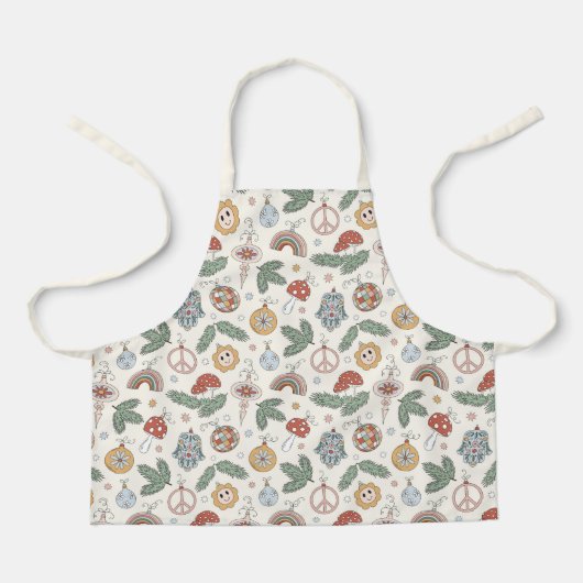 ヴィンテージクリスマスオーナメントと平和サイン エプロン (正面)