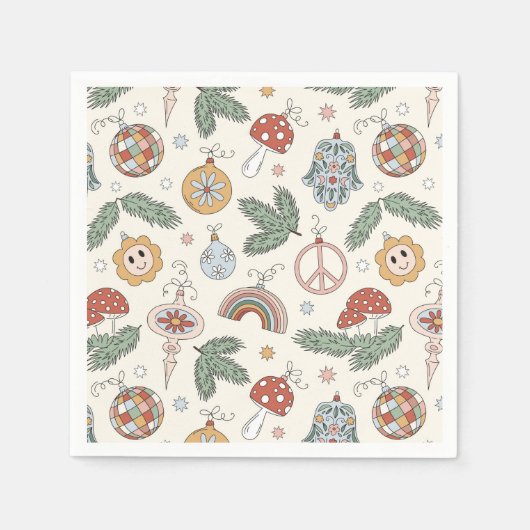 ヴィンテージクリスマスオーナメントと平和サイン スタンダードカクテルナプキン (正面)