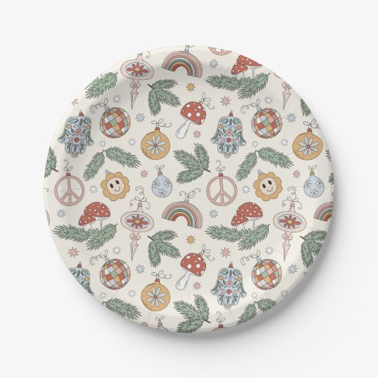 ヴィンテージクリスマスオーナメントと平和サイン ペーパープレート (正面)