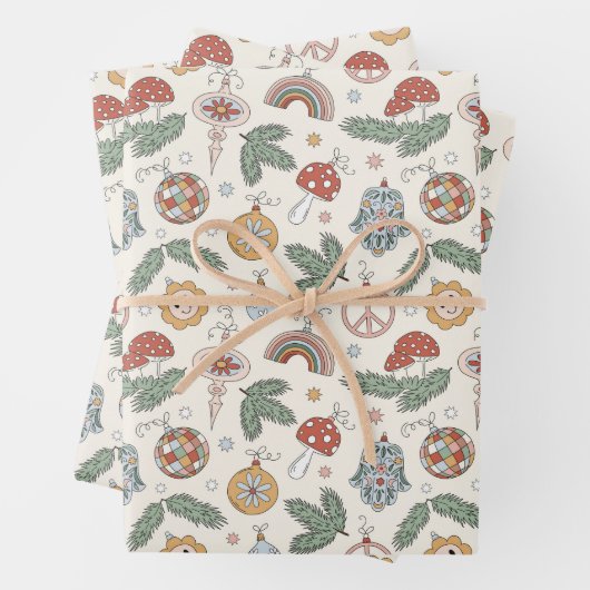 ヴィンテージクリスマスオーナメントと平和サイン ラッピングペーパーシート (インサイチュ)
