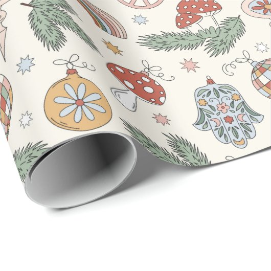 ヴィンテージクリスマスオーナメントと平和サイン ラッピングペーパー (ロールコーナー)