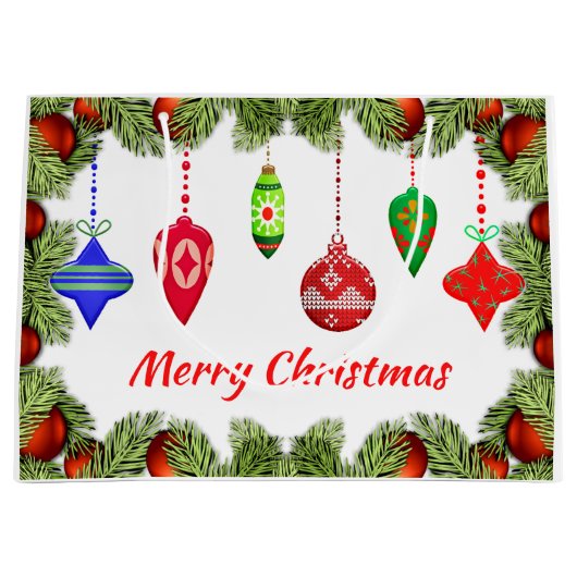 ヴィンテージクリスマスオーナメントと緑の抱き枕 ラージペーパーバッグ (正面)