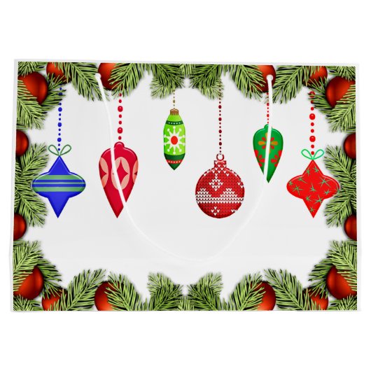 ヴィンテージクリスマスオーナメントと緑の抱き枕 ラージペーパーバッグ (裏面)