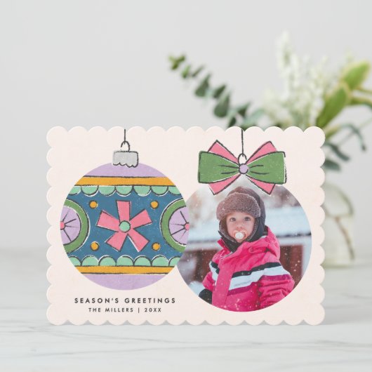 ヴィンテージクリスマスオーナメントグリーティングカード – 紫 (スタンド正面)