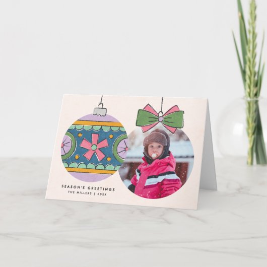 ヴィンテージクリスマスオーナメントグリーティングカード – 紫 ノートカード (正面)