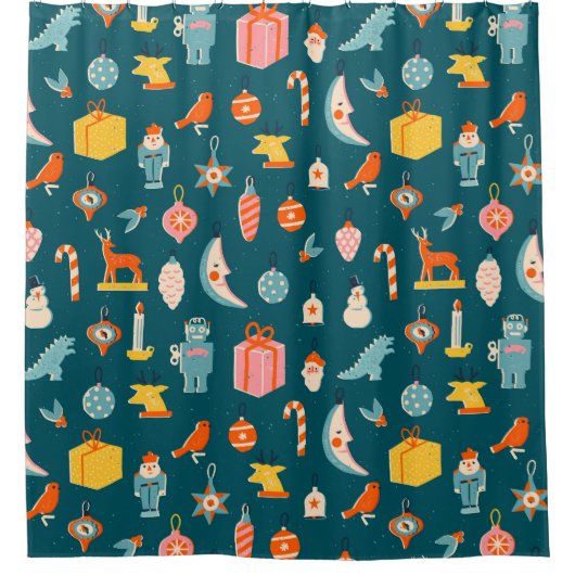 ヴィンテージクリスマスオーナメントパターン シャワーカーテン (正面)