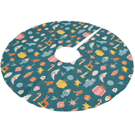 ヴィンテージクリスマスオーナメントパターン ブラッシュドポリエステルツリースカート (アングル)