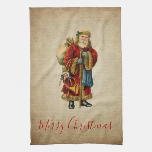 ヴィンテージクリスマスオールドワールドサンタクロース キッチンタオル (縦)
