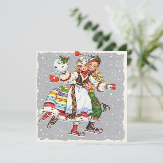 ヴィンテージクリスマスカップル氷スケートで滑る シーズンカード (スタンド正面)