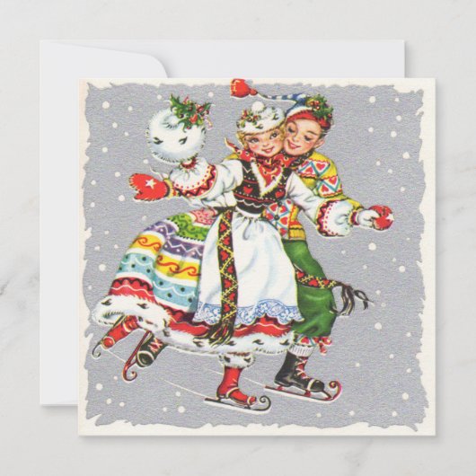ヴィンテージクリスマスカップル氷スケートで滑る シーズンカード (正面)