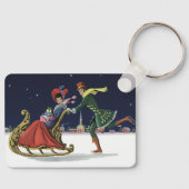 ヴィンテージクリスマスカップルinラブアイススケートで滑る キーホルダー (正面)