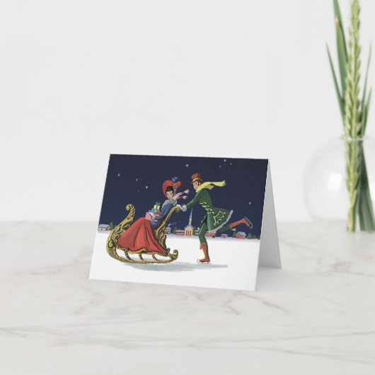 ヴィンテージクリスマスカップルinラブアイススケートで滑る シーズンカード (正面)