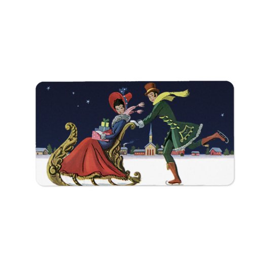 ヴィンテージクリスマスカップルinラブアイススケートで滑る ラベル (正面)