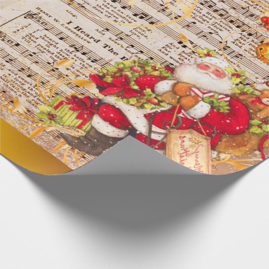 ヴィンテージクリスマスカロルシート音楽とサンタ ラッピングペーパー (角)