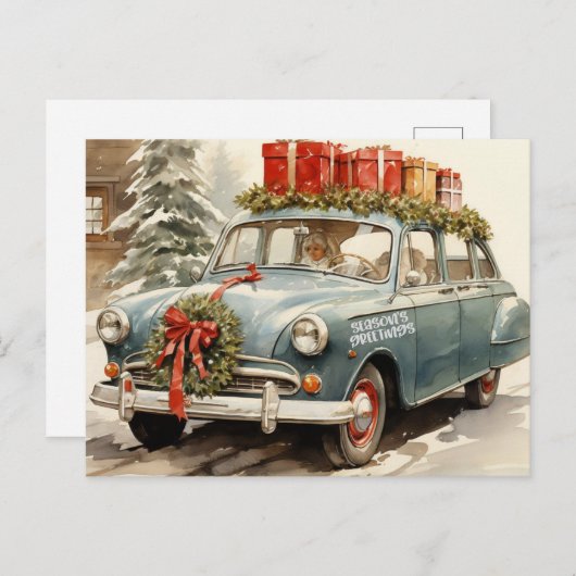 ヴィンテージクリスマスカーとプレゼント シーズンポストカード (正面/裏面)