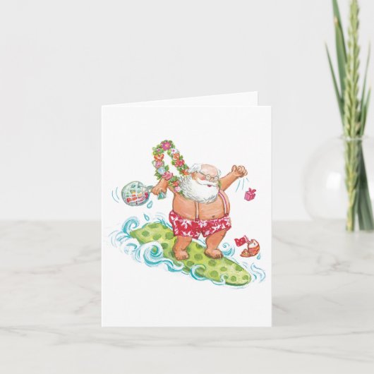 ヴィンテージクリスマスカートゥーンサーフィンサンタクロース シーズンカード (正面)