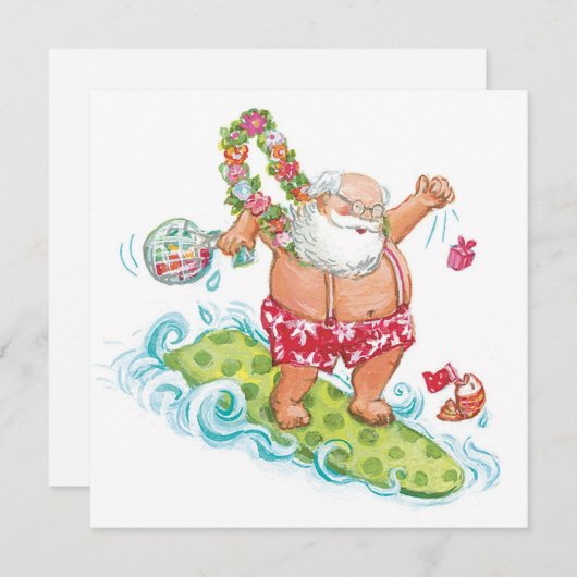 ヴィンテージクリスマスカートゥーンサーフィンサンタクロース シーズンカード (正面/裏面)