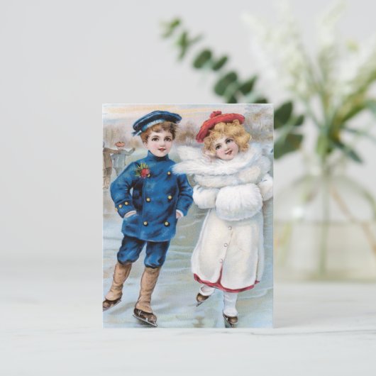 ヴィンテージクリスマスカードと子供用アイススケートで滑る シーズンポストカード (スタンド正面)