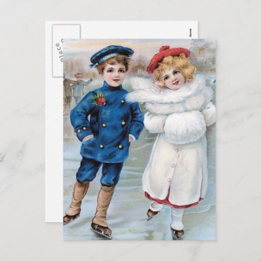 ヴィンテージクリスマスカードと子供用アイススケートで滑る シーズンポストカード (正面/裏面)