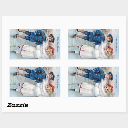 ヴィンテージクリスマスカードと子供用アイススケートで滑る 長方形シール (シート)