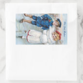 ヴィンテージクリスマスカードと子供用アイススケートで滑る 長方形シール (バッグ)