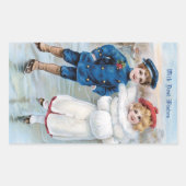 ヴィンテージクリスマスカードと子供用アイススケートで滑る 長方形シール (正面)