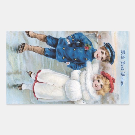 ヴィンテージクリスマスカードと子供用アイススケートで滑る 長方形シール (正面)