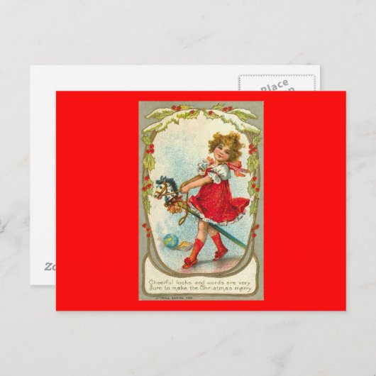 ヴィンテージクリスマスカードガールトイ馬はがき シーズンポストカード (正面/裏面)