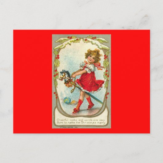 ヴィンテージクリスマスカードガールトイ馬はがき シーズンポストカード (正面)