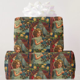 ヴィンテージクリスマスカードサンタガールwドール ラッピングペーパー