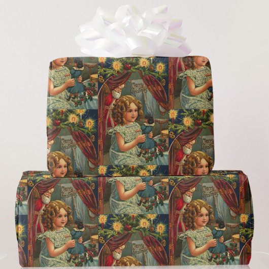 ヴィンテージクリスマスカードサンタガールwドール ラッピングペーパー