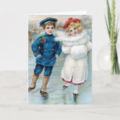 ヴィンテージクリスマスカードチルドレンズアイススケートで滑る シーズンカード (正面)