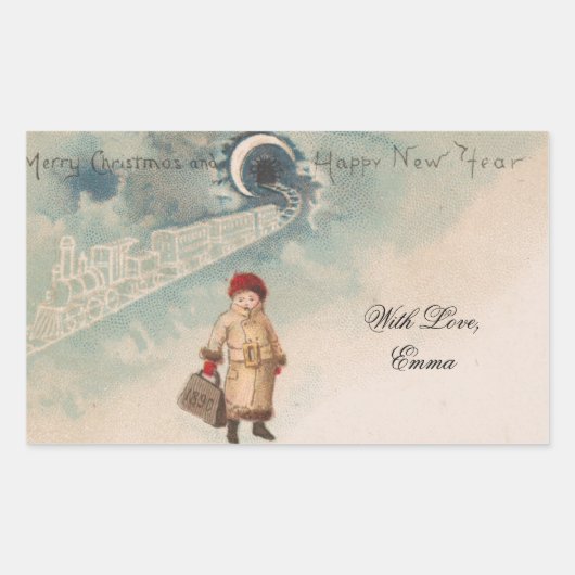 ヴィンテージクリスマスカード孤独な少女の鉄道駅 長方形シール (正面)