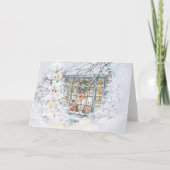 ヴィンテージクリスマスカード雪の木の窓リース シーズンカード (正面)