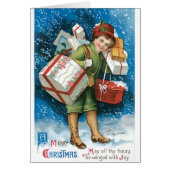 ヴィンテージクリスマスカード雪の男の子ギフトプレゼント (正面)